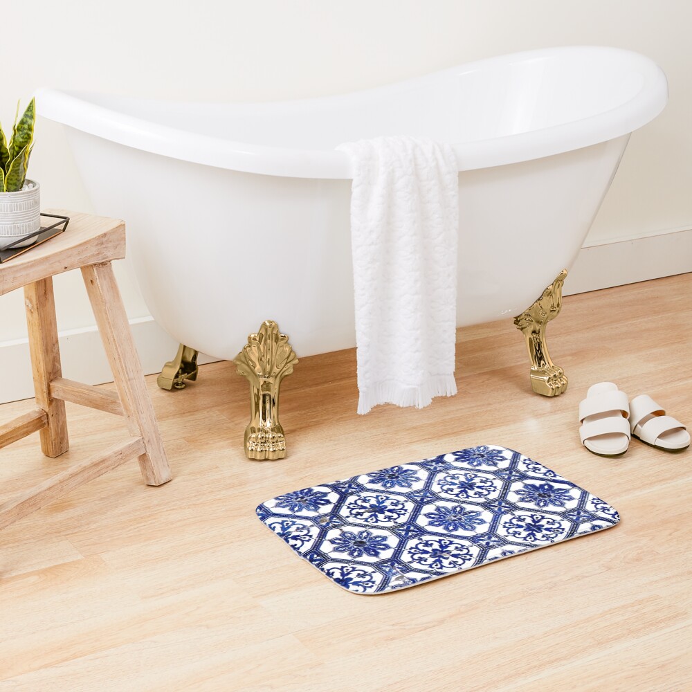 Blue and White Portuguese Tile Bath Mat