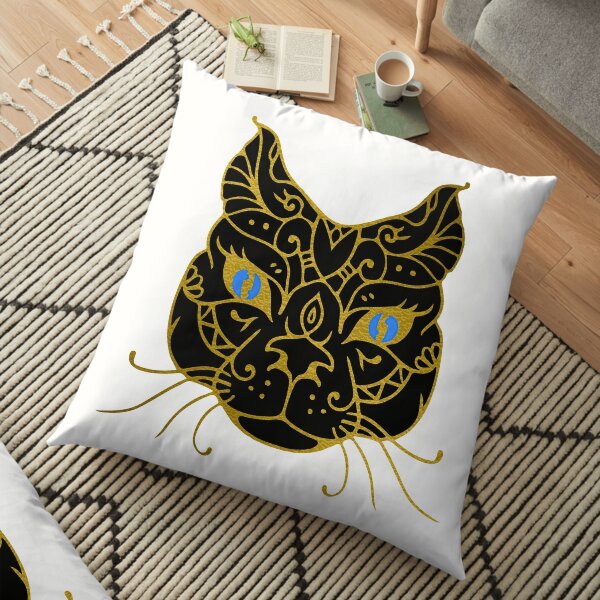 Golden Black Cat With Blue Eyes Floor Pillow