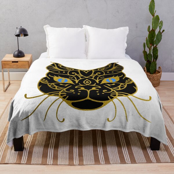 Golden Black Cat With Blue Eyes Throw Blanket