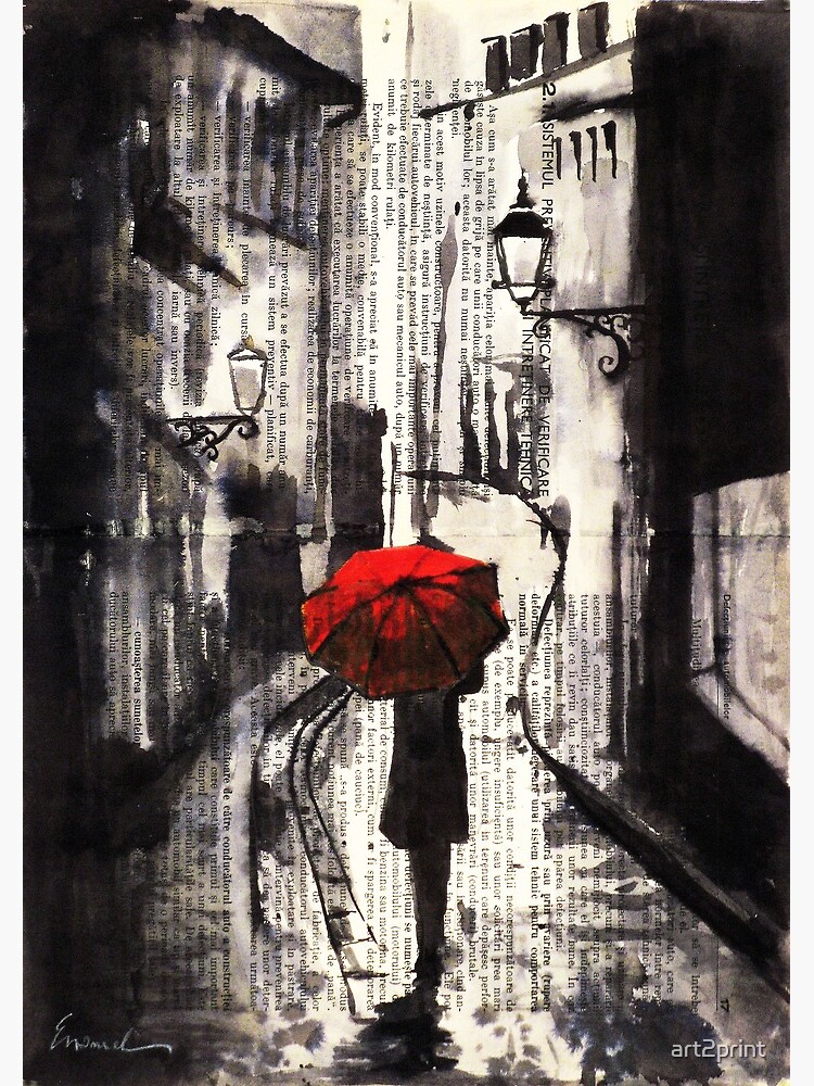 Blåt mærke katastrofe hver for sig Silent street vintage ink drawing collage painting girl red umbrella " Art  Print for Sale by art2print | Redbubble