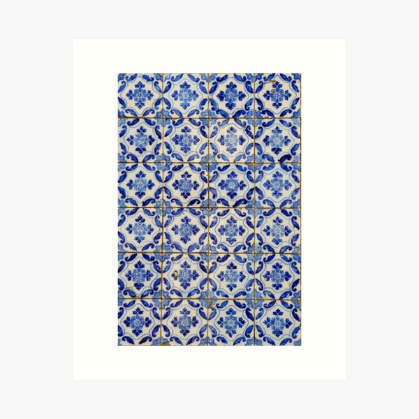 Portuguese tiles. Blue flowers and leaves Art Print