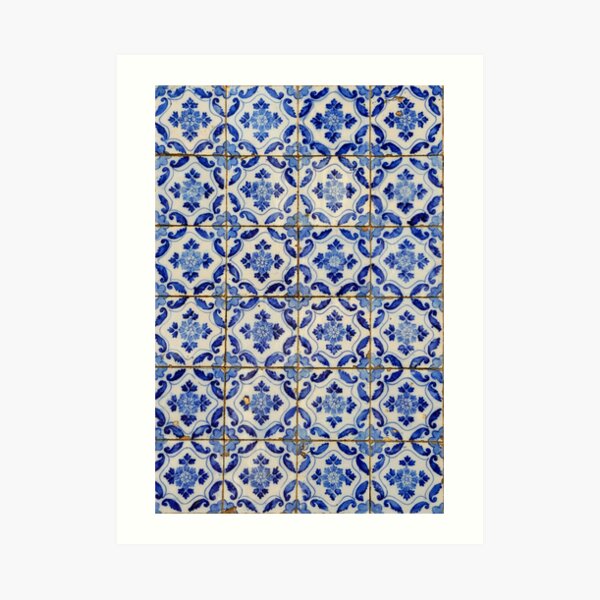 Portuguese tiles. Blue flowers and leaves Art Print