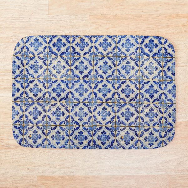Portuguese tiles. Blue flowers and leaves Bath Mat