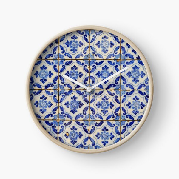 Portuguese tiles. Blue flowers and leaves Clock
