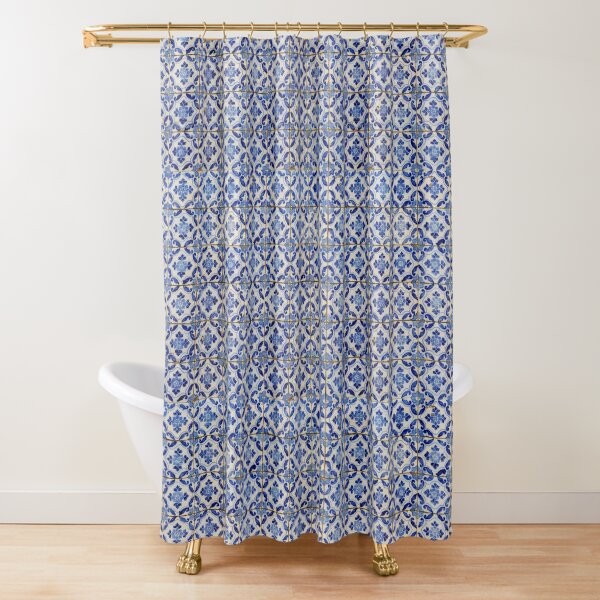 Portuguese tiles. Blue flowers and leaves Shower Curtain