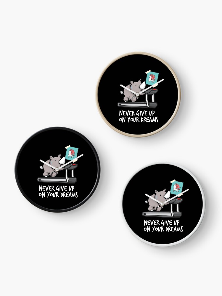 Thumbnail 3 of 4, Clock, Never give up your dreams - rhino on treadmill like unicorn designed and sold by katastrophal.