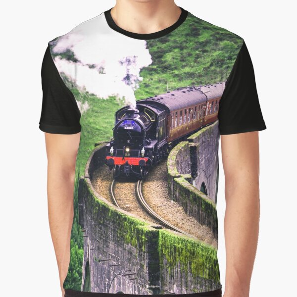 Black Steam Engine Cargo Train Bridge Tree Mountains Water River T-shirt
