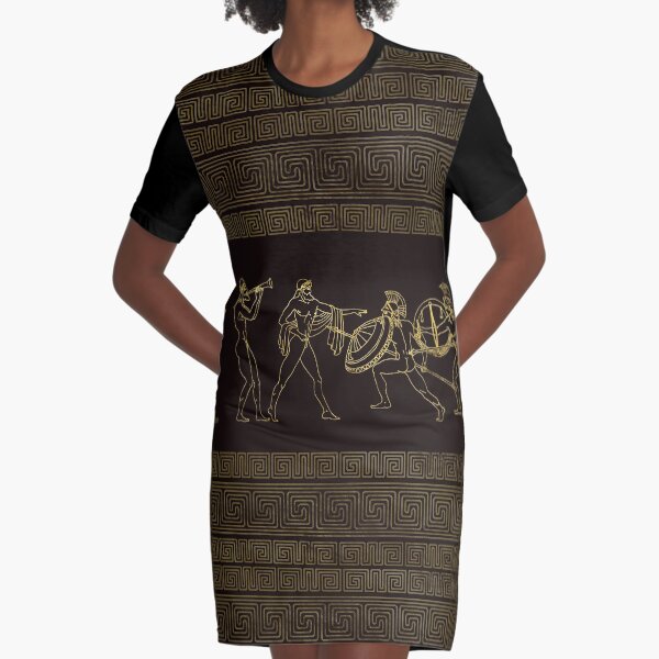 Ancient Sparta Greece scene on greek pattern Graphic T-Shirt Dress