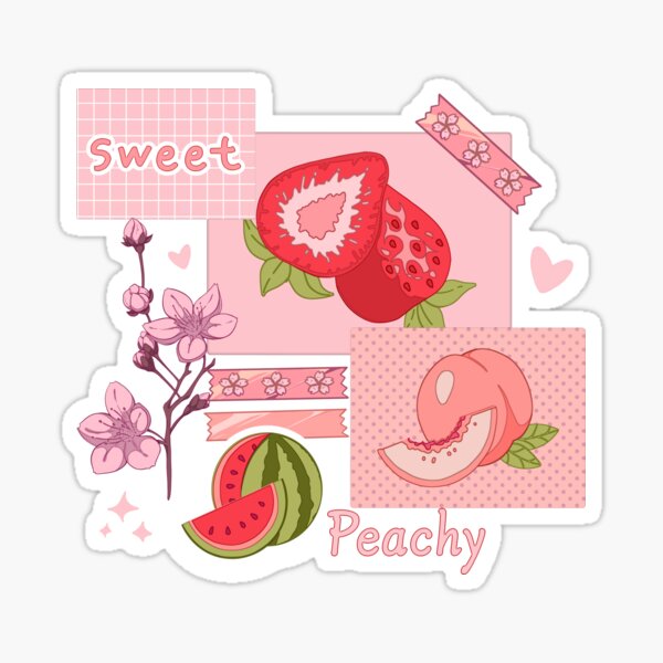 The peachy pink design with various berries, fruits, and other cute stickers Glossy Sticker