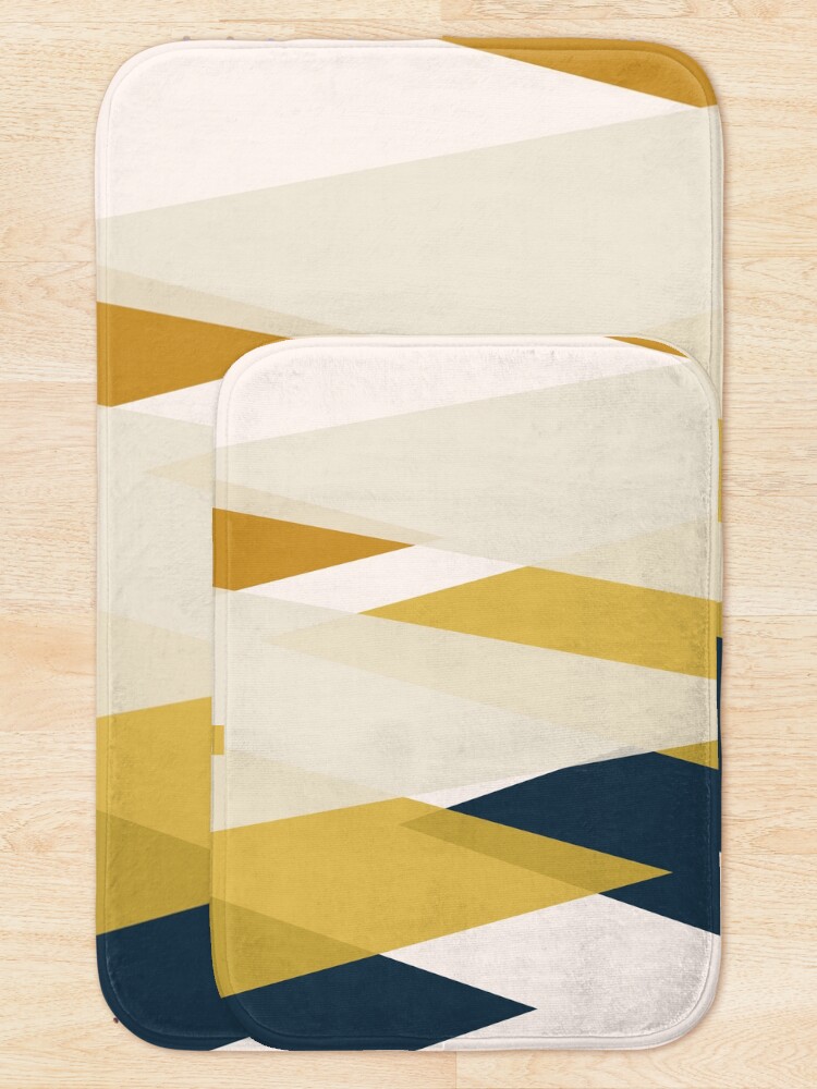 Alternate view of Triangular Abstract in Mustard Yellows, Navy Blue, and Blush Tones. Minimalist Geometric Bath Mat