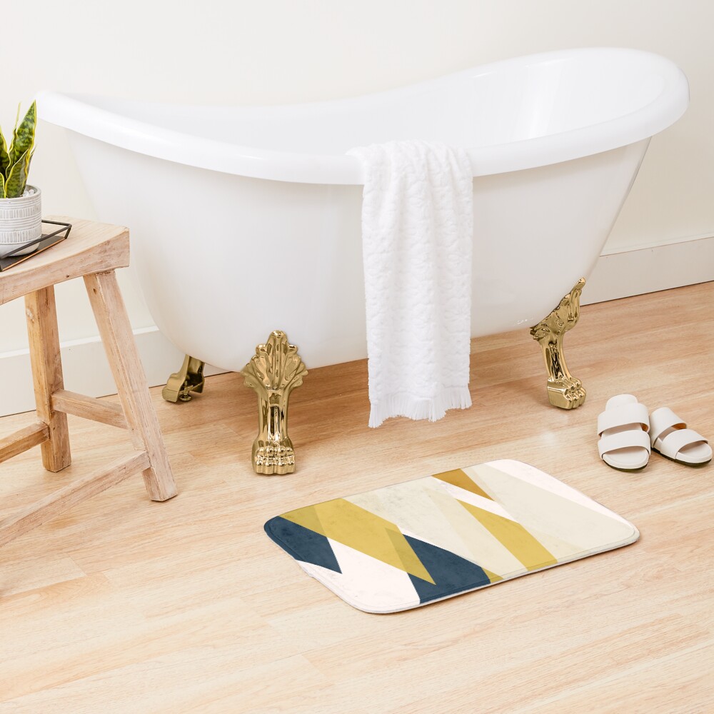 Triangular Abstract in Mustard Yellows, Navy Blue, and Blush Tones. Minimalist Geometric Bath Mat