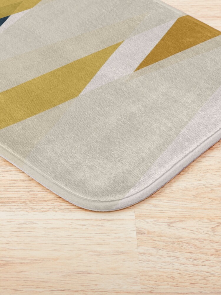 Alternate view of Triangular Abstract in Mustard Yellows, Navy Blue, and Blush Tones. Minimalist Geometric Bath Mat