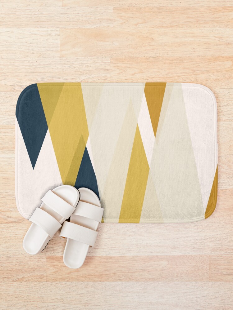 Alternate view of Triangular Abstract in Mustard Yellows, Navy Blue, and Blush Tones. Minimalist Geometric Bath Mat