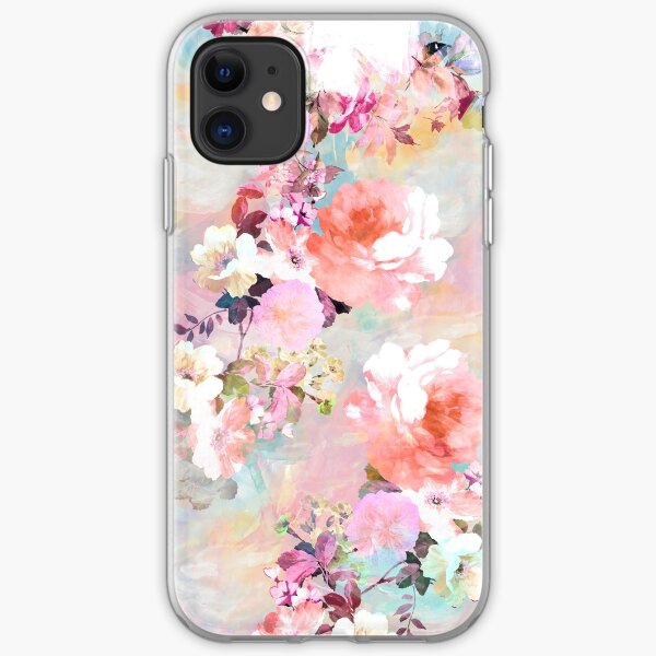 Romantic Pink Teal Watercolor Chic Floral Pattern iPhone Soft Case