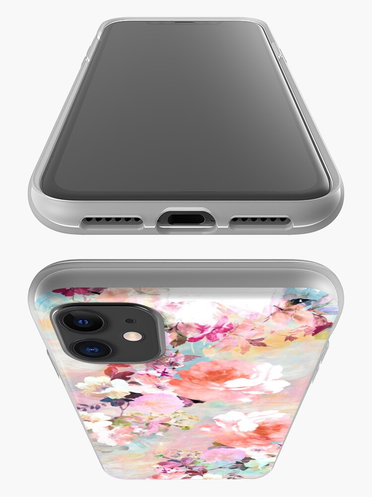 Vista alternativa de Funda y vinilo para iPhone elegante y elegante estampado de flores con hermosas y preppy rosas victorianas y peonías de época en rosa claro y orquídea púrpura en un moderno y abstracto patrón de trazos de acuarela pastel rosa y verde azulado. regalo femenino perfecto para el amant