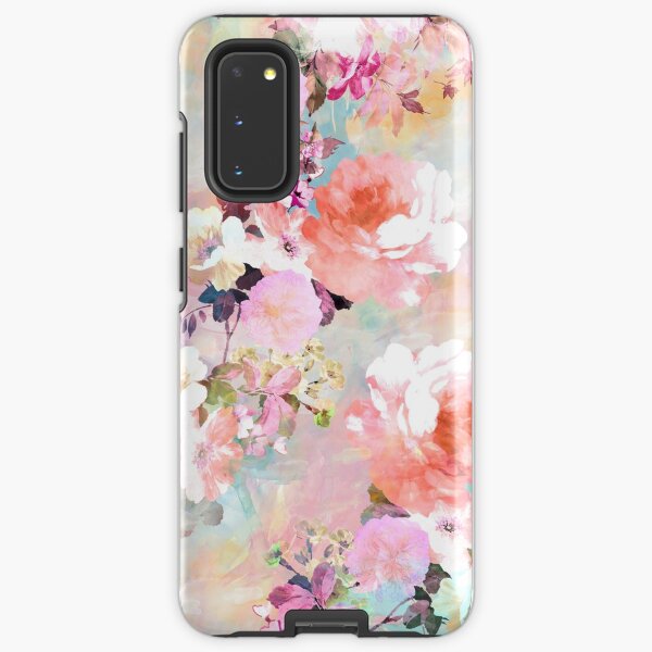elegantes und schickes Blumenmuster mit schönen und adretten viktorianischen Vintage-Rosen und Pfingstrosen in Hellrosa und Orchideenpurpur auf einem modernen und abstrakten Pastell-Aquarell-Strichmuster in Rosa und Blaugrün. perfektes weibliches Geschen Samsung Galaxy Robuste Hülle