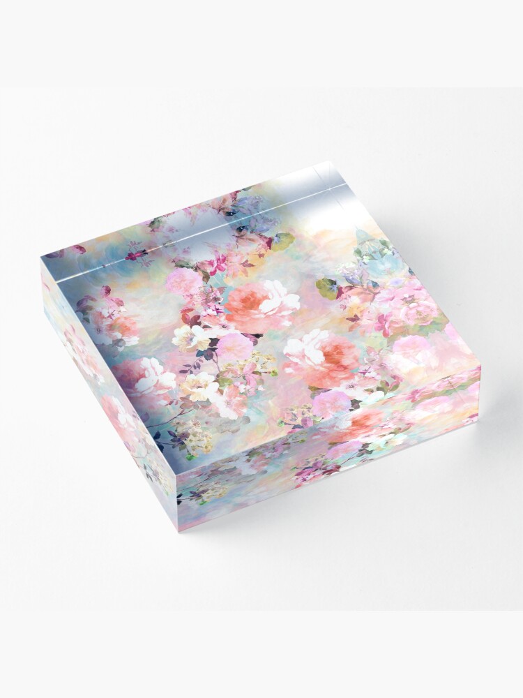 Alternate view of Romantic Pink Teal Watercolor Chic Floral Pattern Acrylic Block