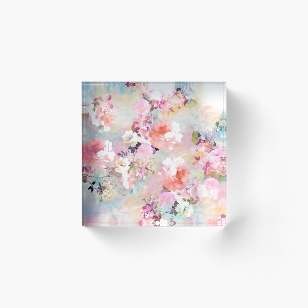 Romantic Pink Teal Watercolor Chic Floral Pattern Acrylic Block