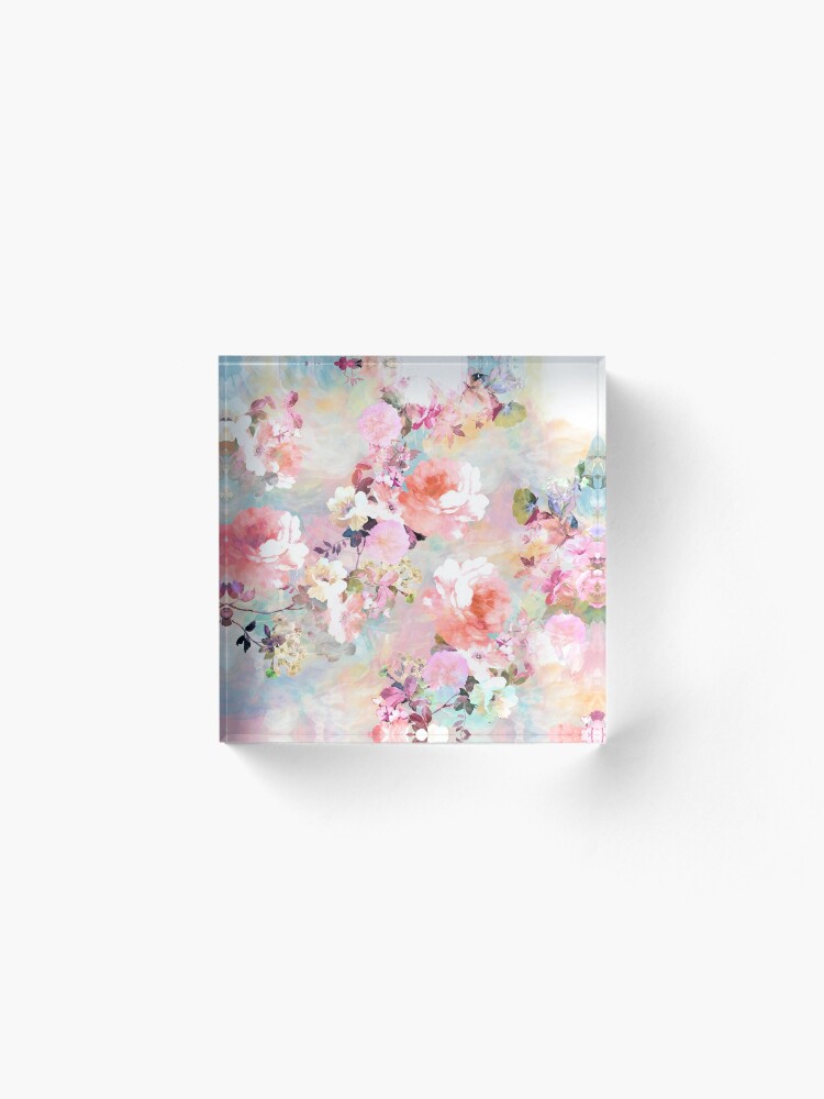 Alternate view of Romantic Pink Teal Watercolor Chic Floral Pattern Acrylic Block