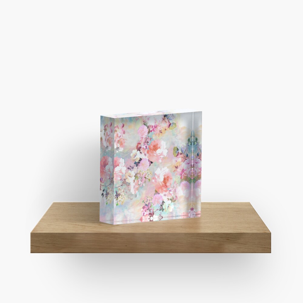 Romantic Pink Teal Watercolor Chic Floral Pattern Acrylic Block