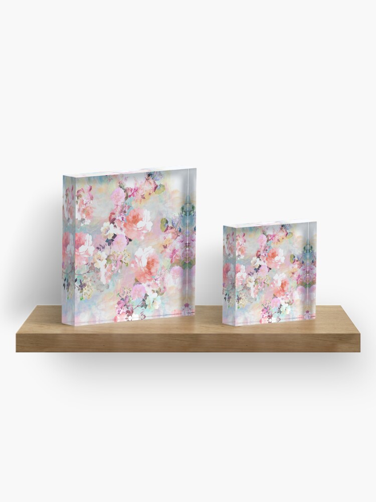 Alternate view of Romantic Pink Teal Watercolor Chic Floral Pattern Acrylic Block