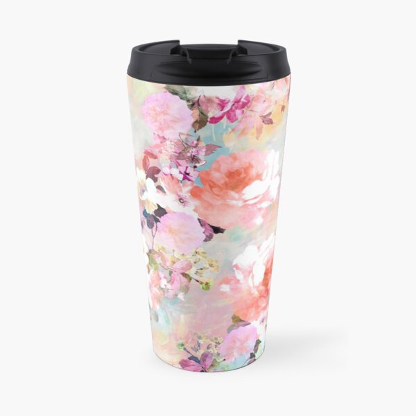 motif floral élégant et chic mettant en vedette de belles et victoriennes roses et pivoines victoriennes vintage en rose clair et violet orchidée sur un motif de traits aquarelle pastel rose et turquoise moderne et abstrait. cadeau féminin parfait pour l Mug isotherme