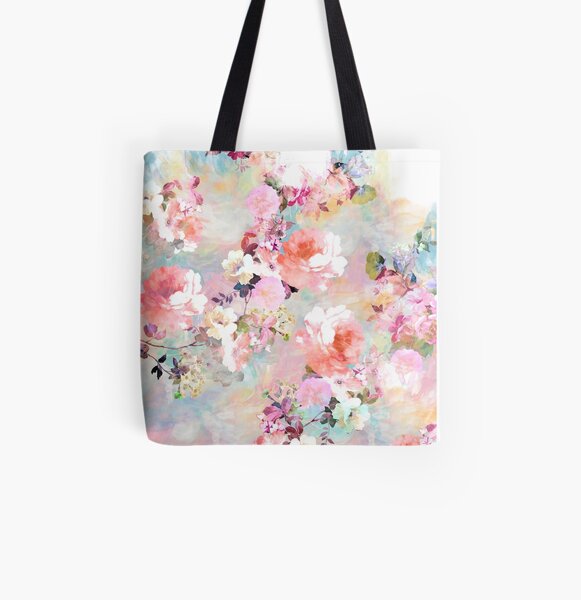 Romantic Pink Teal Watercolor Chic Floral Pattern All Over Print Tote Bag