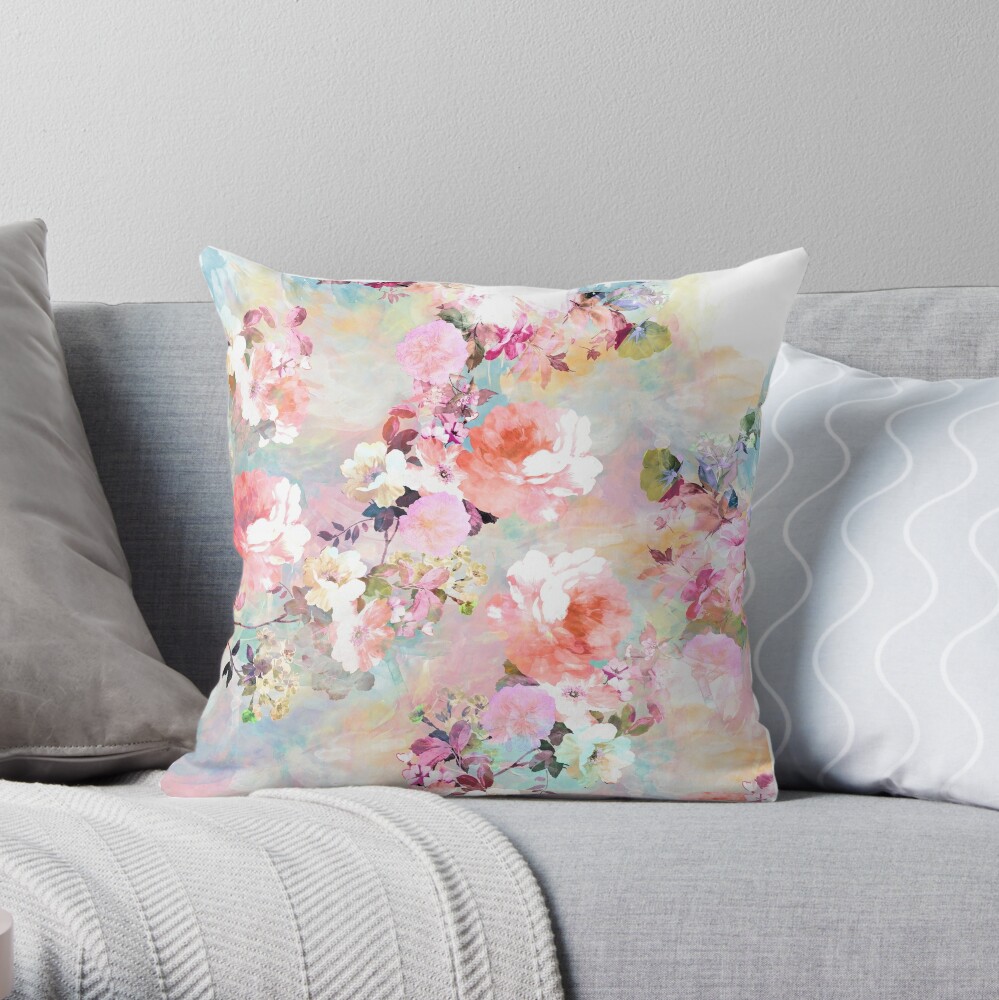Romantic Pink Teal Watercolor Chic Floral Pattern Throw Pillow