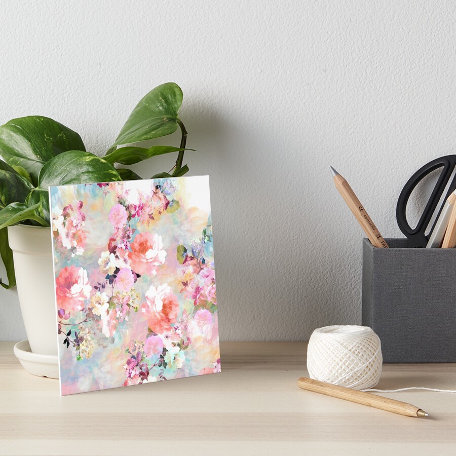 Romantic Pink Teal Watercolor Chic Floral Pattern Art Board Print