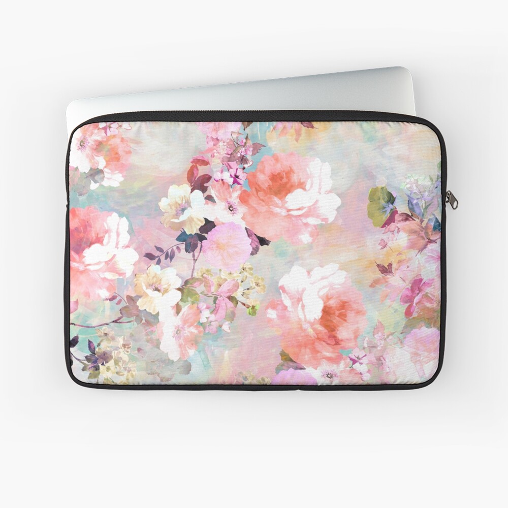 Romantic Pink Teal Watercolor Chic Floral Pattern Laptop Sleeve