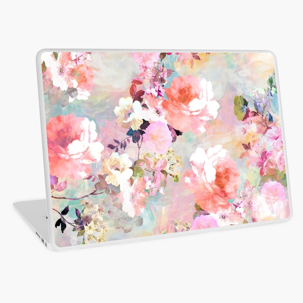 Romantic Pink Teal Watercolor Chic Floral Pattern Laptop Skin