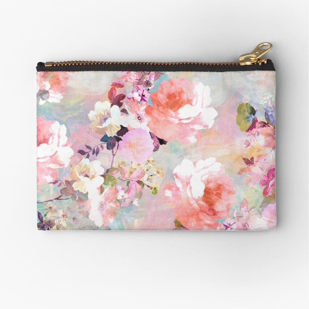 Romantic Pink Teal Watercolor Chic Floral Pattern Zipper Pouch