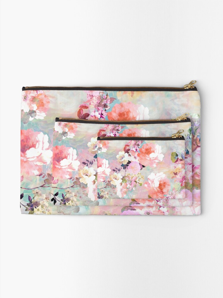 Alternate view of Romantic Pink Teal Watercolor Chic Floral Pattern Zipper Pouch