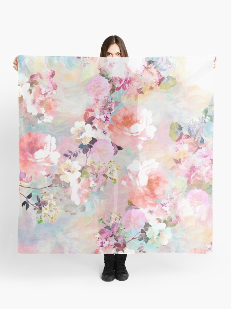Thumbnail 1 of 3, Scarf, Romantic Pink Teal Watercolor Chic Floral Pattern designed and sold by GirlyTrend.