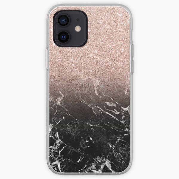 Modern rose gold ombre black marble color block iPhone Soft Case