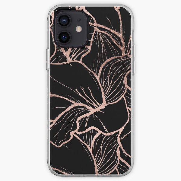 Modern rose gold abstract handdrawn floral pattern on black iPhone Soft Case