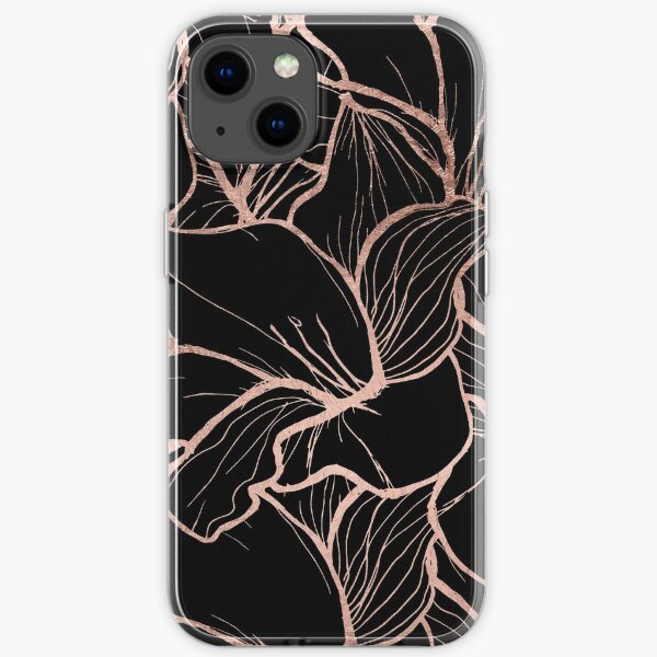 Modern rose gold abstract handdrawn floral pattern on black iPhone Soft Case