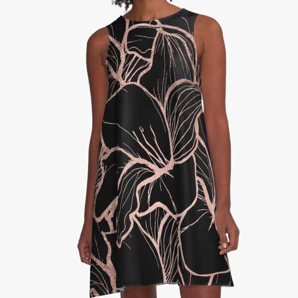 Modern rose gold abstract handdrawn floral pattern on black A-Line Dress