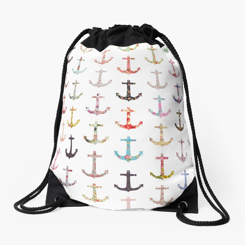 Vintage retro sailor girly floral nautical anchors Drawstring Bag