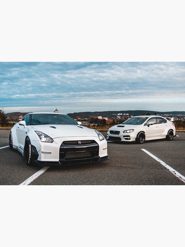 two men in masks with a white nissan gtr r36 Art Board Print for