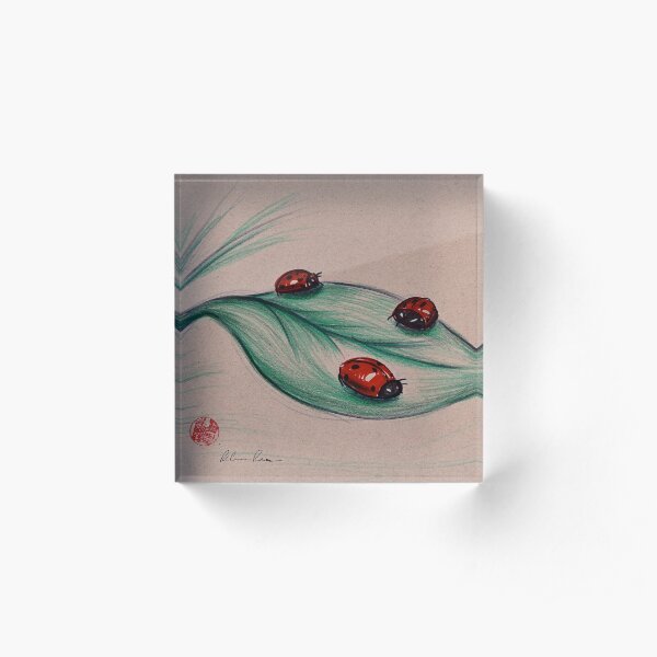 RED LADIES - Original ladybug mixed media drawing/painting Acrylic Block