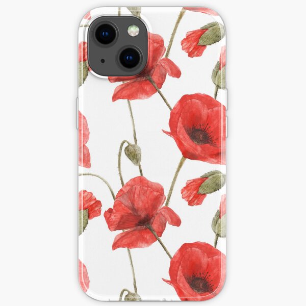 Red Poppy Flowers seamless pattern by watercolor #1 iPhone Soft Case