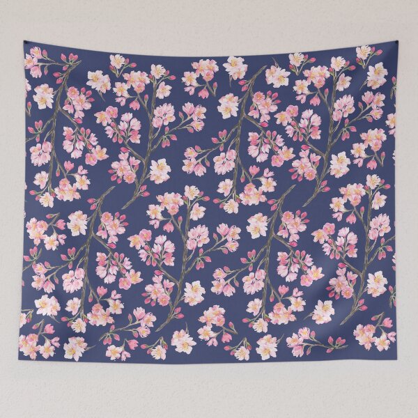 Aperçu de l'œuvre Motif de fleurs de cerisier (bleu marine) créée et vendue par 3willows.