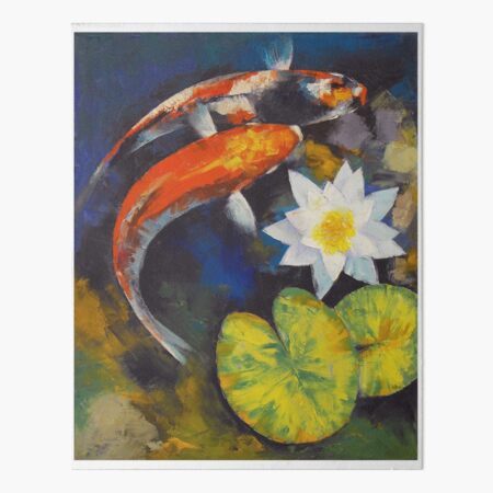 Koi fish drawing illustration painting oriental pond japan Japanese wall  art home decor colorful water lily