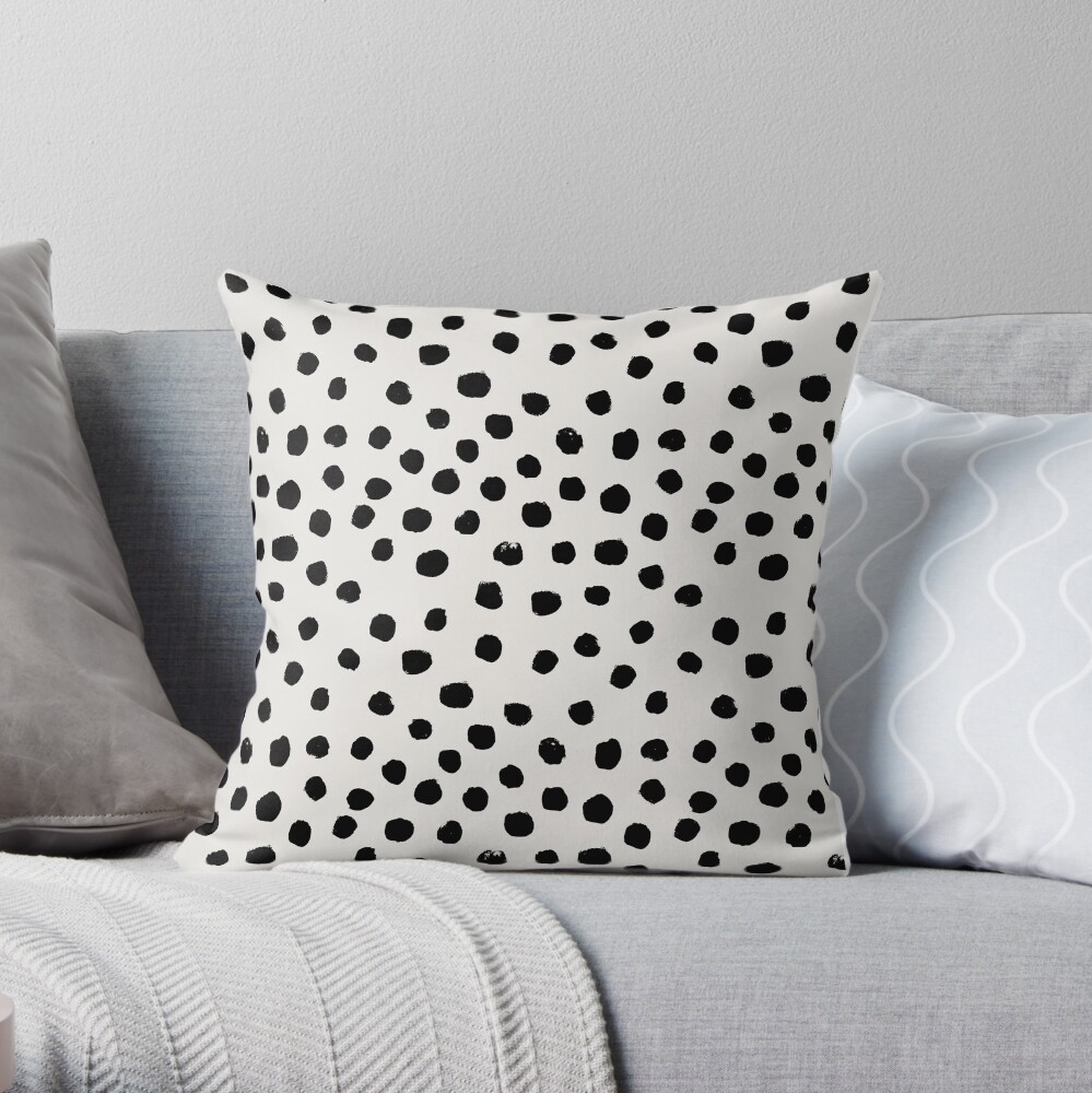 Preppy brushstroke free polka dots black and white spots dots dalmation animal spots design minimal Throw Pillow