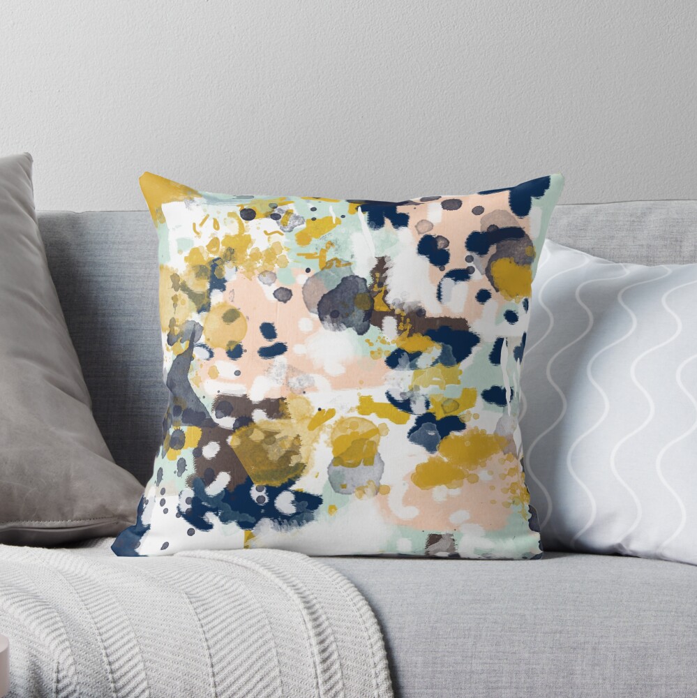 Sloane - Abstract painting in free style navy, mint, gold, white, and turquoise Throw Pillow