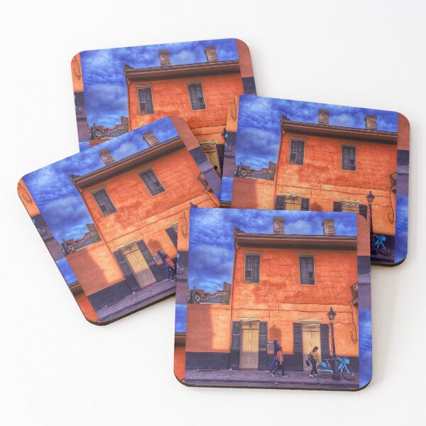 Item preview, Sunny Days and Blue Skies on a New Orleans French Quarter Street with Orange Iconic Architecture and Nola People Walking in Southern Louisiana designed and sold by StudioBlack.