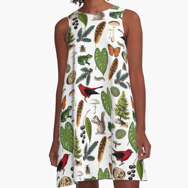 Rustic Woodland Plants And Animals Pattern A-Line Dress