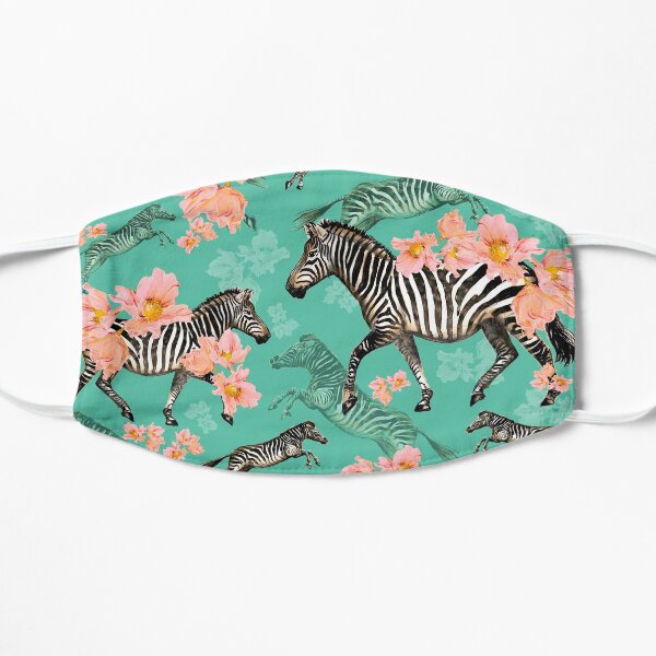 Zebras and Coral Poppies - green background Flat Mask