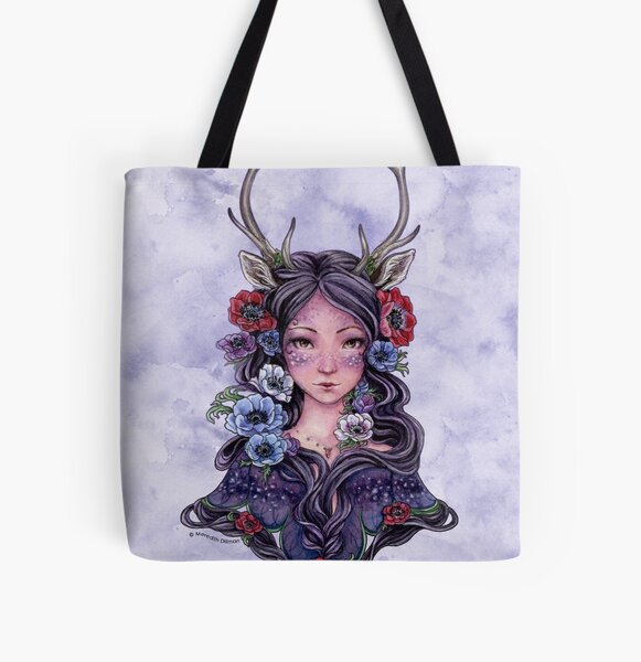 Dark Faun Girl with Flowers All Over Print Tote Bag